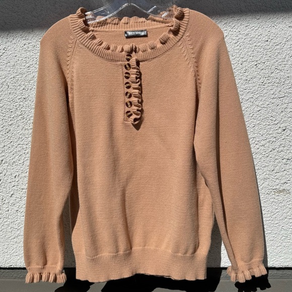 BTFBM Women's Tan Soft Ruffle Partial Button Down Sweater small - Picture 4 of 10